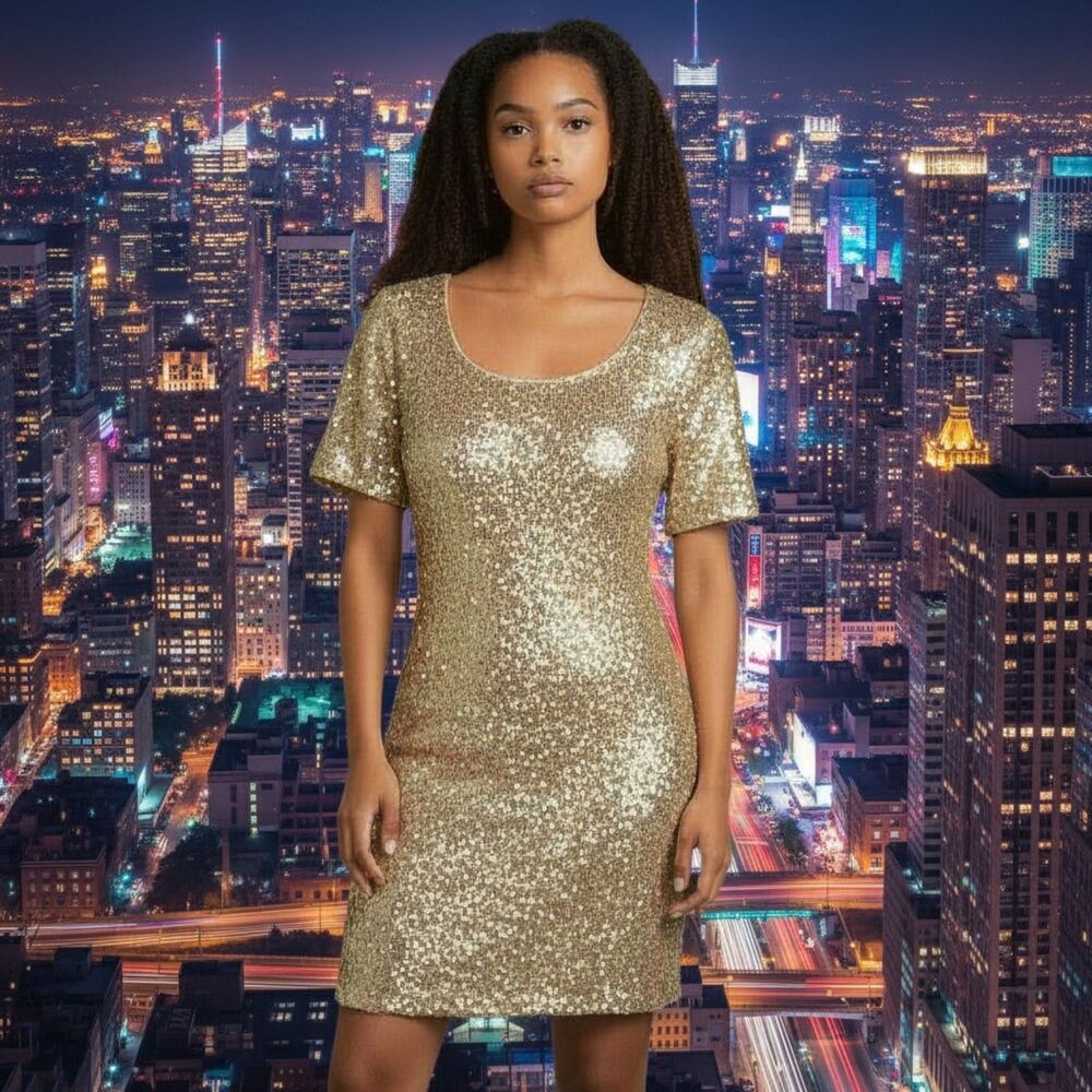 NWT Ark & Co Anthropologie Gold Mini Dress Sz M Short Sleeve Dance Eveningwear